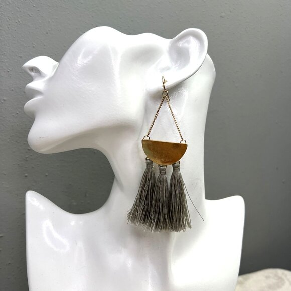 Fringe Tassel Earrings Gray Gold Tone Boho Half Moon Crescent Dangle Large - Picture 2 of 7